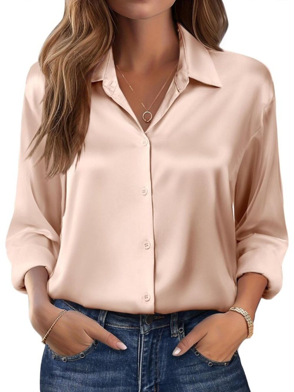 Womens Light Khaki Long Sleeve Satin Silk Button Down Casual Blouses Top T-Shirt